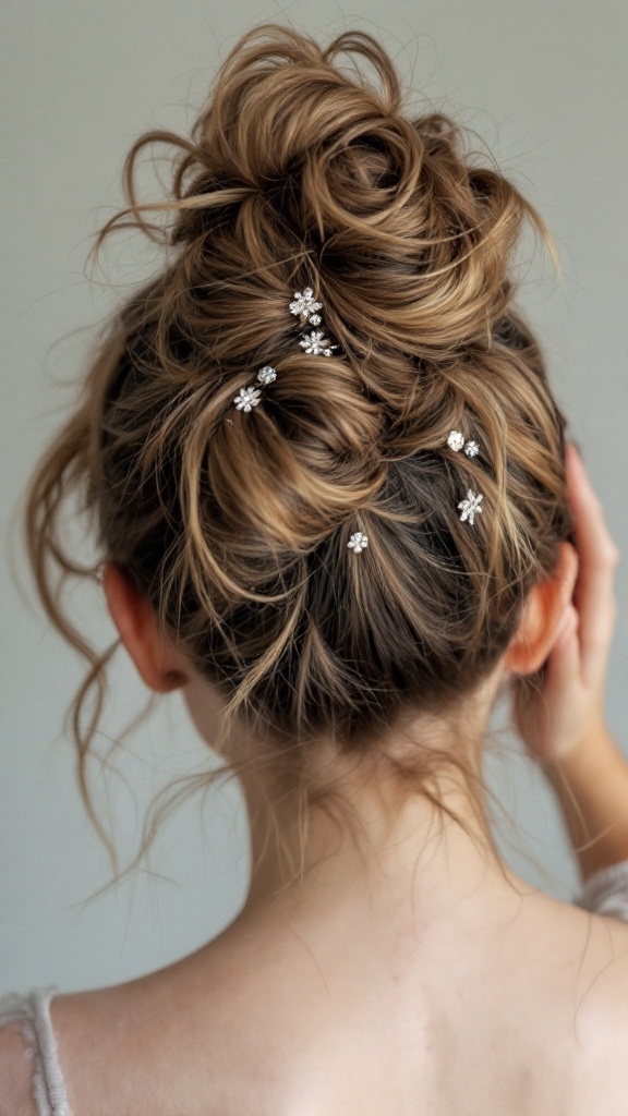 A messy bun hairstyle adorned with sparkling hairpins.