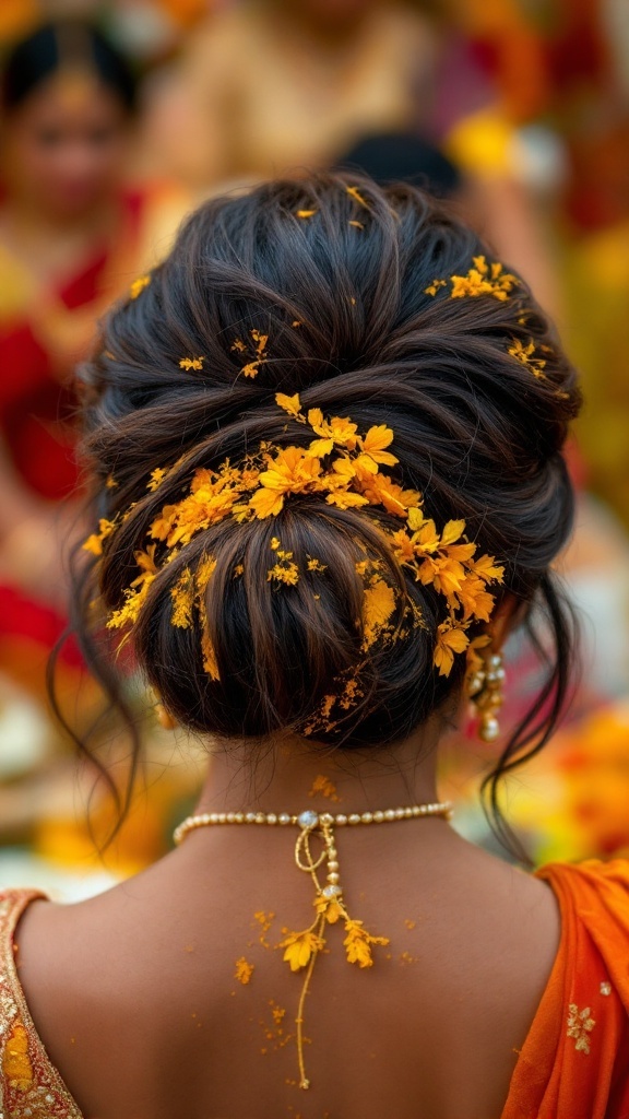 A beautiful messy bun adorned with marigold petals and haldi powder, set against a vibrant backdrop.