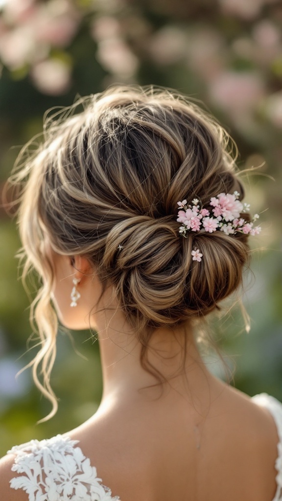 A messy bun hairstyle adorned with flowers and a veil, perfect for bridesmaids.