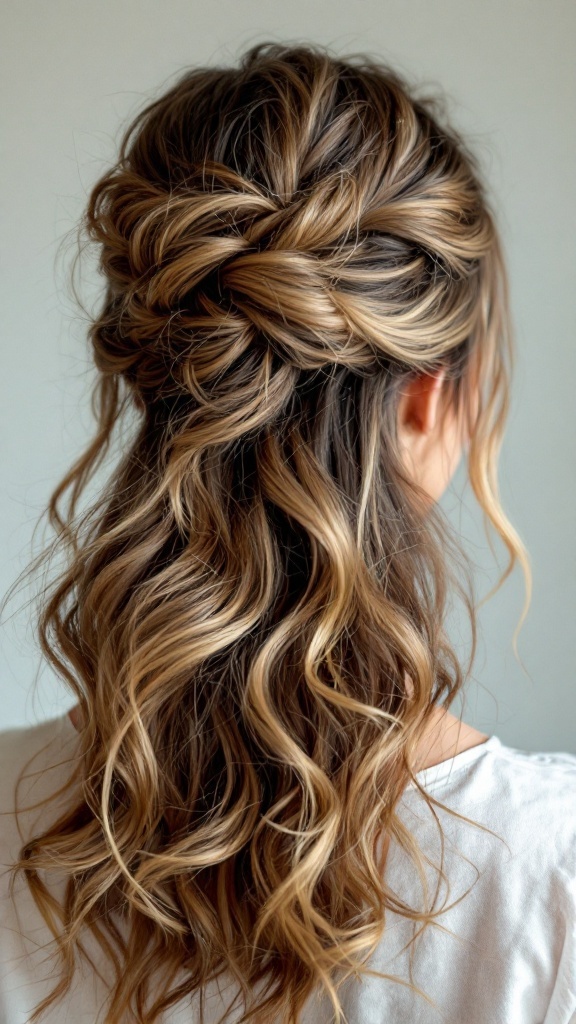A hairstyle featuring a messy bun and wavy half-up look, ideal for bridesmaids.