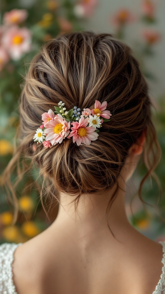 A messy half-up bun hairstyle adorned with colorful flowers