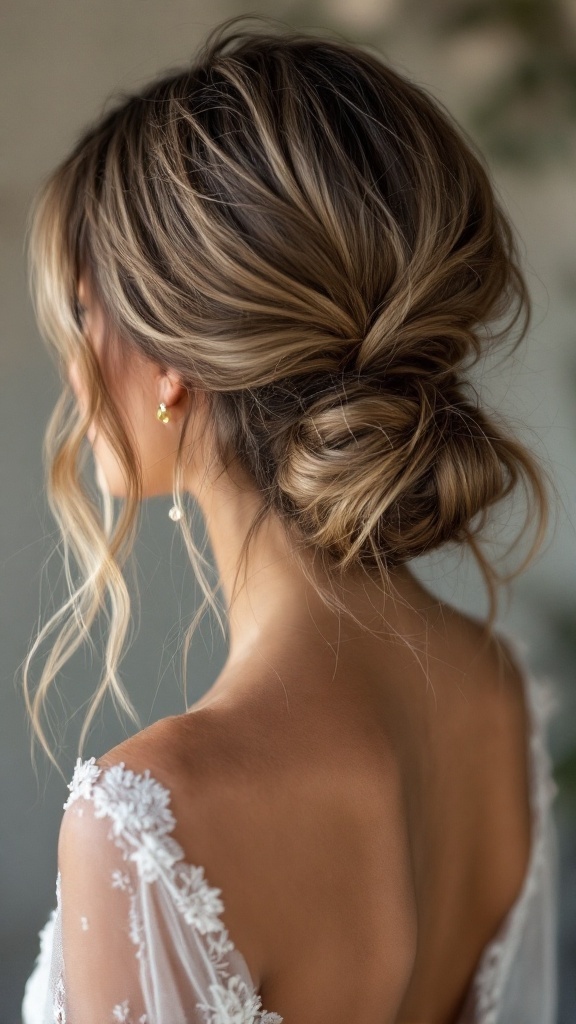 Bridesmaid hairstyle featuring a messy knot with soft waves, adorned with delicate earrings.