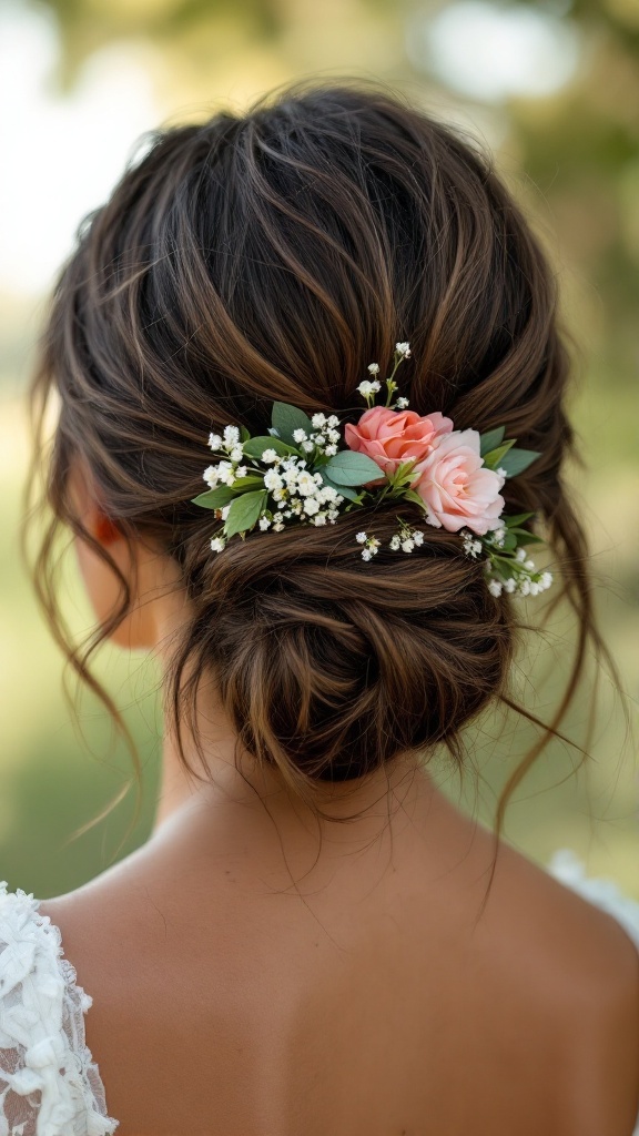 A back view of a messy low bun hairstyle adorned with fresh flowers, featuring pink roses and baby’s breath.