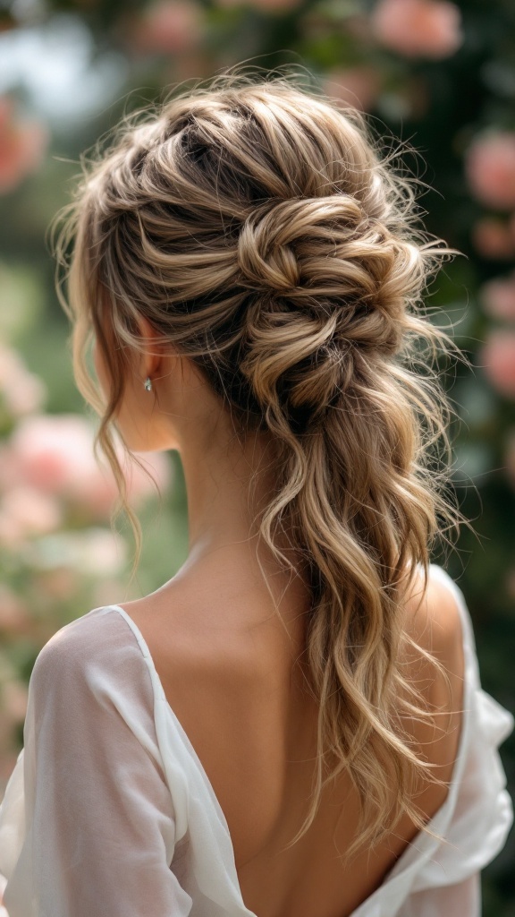A messy ponytail hairstyle with loose tendrils, perfect for a bridesmaid.