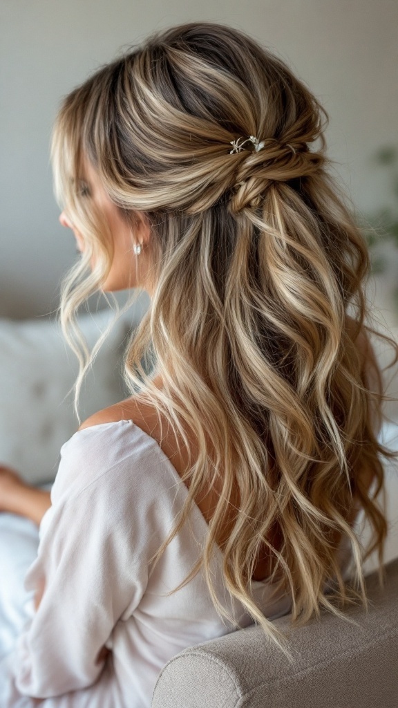 Bridesmaid hairstyle featuring loose waves and a twisted back section, styled casually.