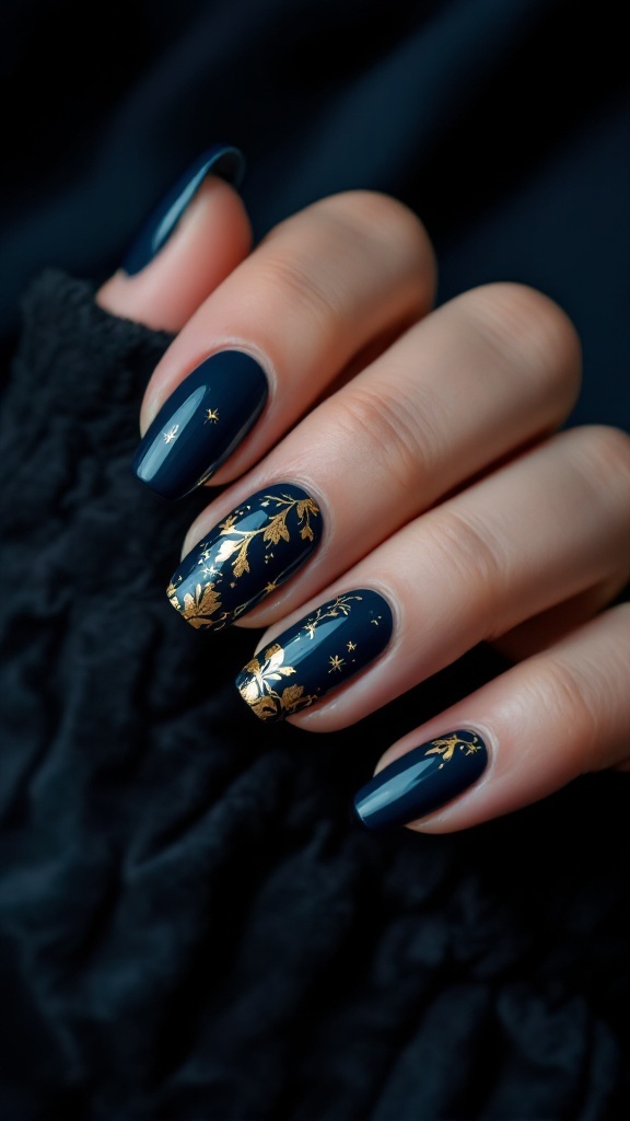 Gothic wedding nails featuring midnight blue polish with gold foil floral art.