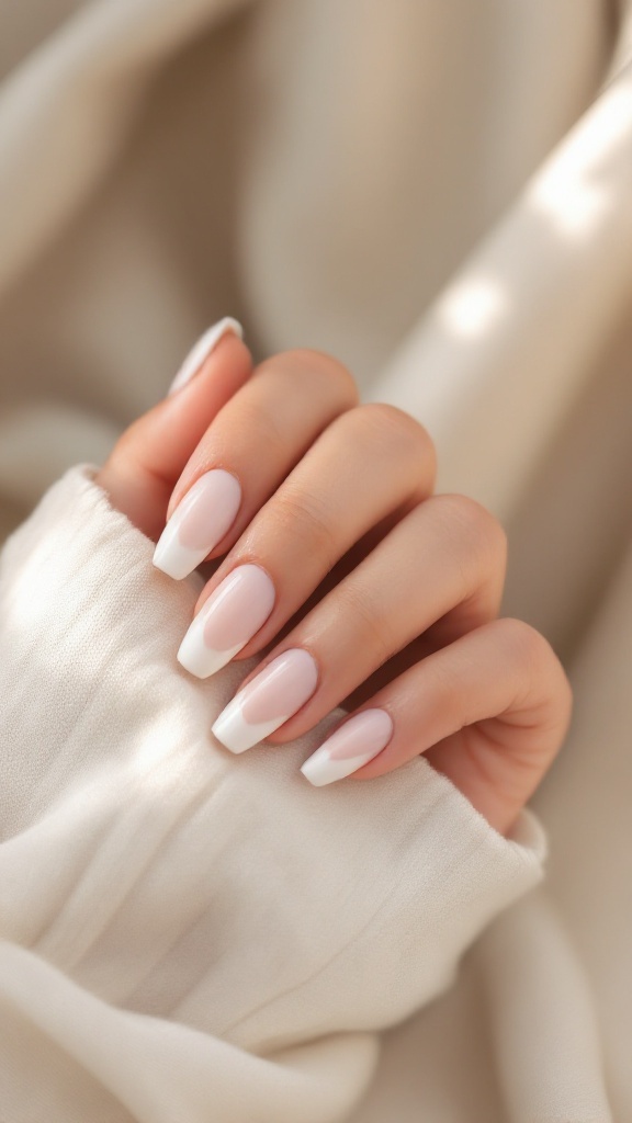 A close-up of minimalist ivory wedding nails with a subtle French tip design.