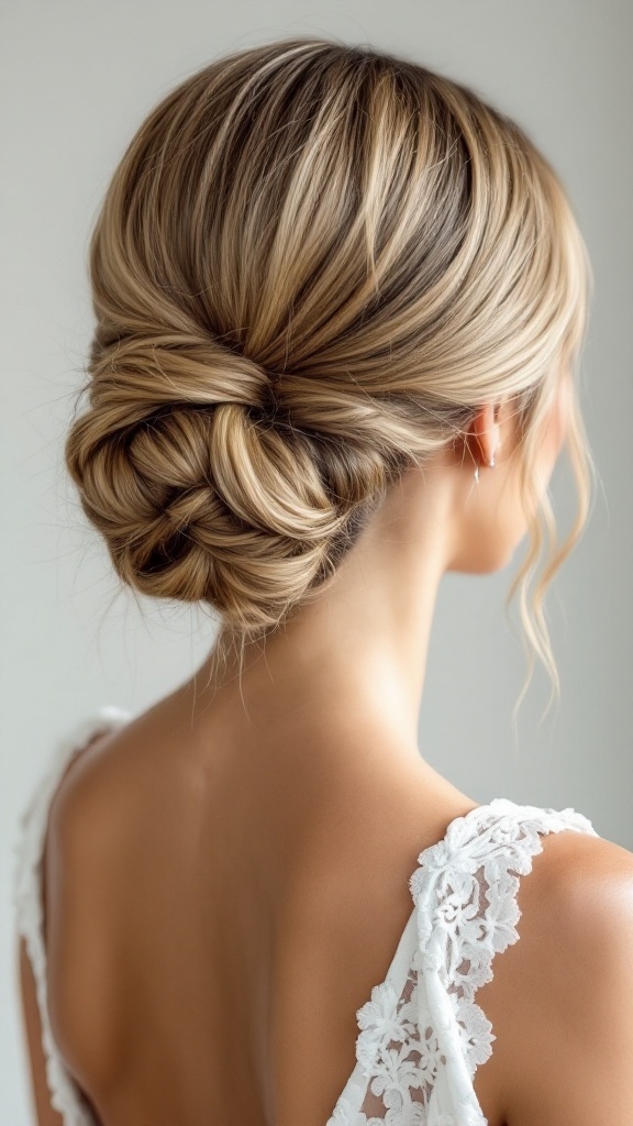 A sophisticated minimalist sleek twist hairstyle for a bridesmaid, showing a low twisted bun with soft highlights.