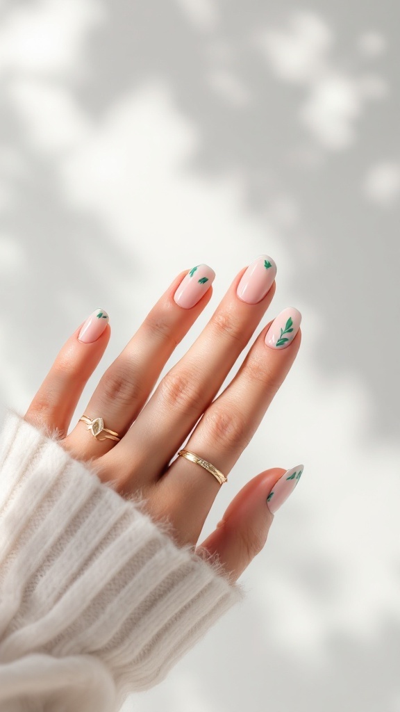 A hand with minimalist tropical nails painted in soft pink with green leaf designs, wearing gold rings and a cozy sweater.