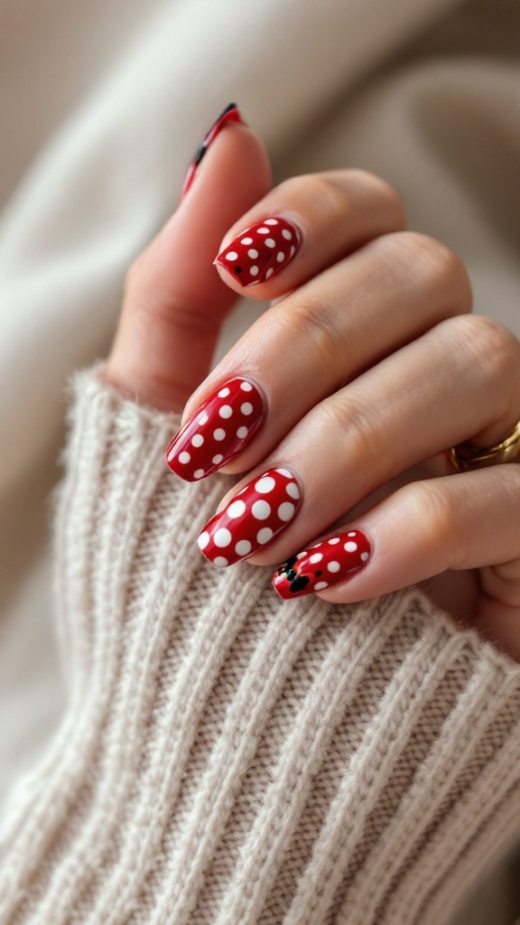 Minnie Mouse inspired red and white polka dot nail art