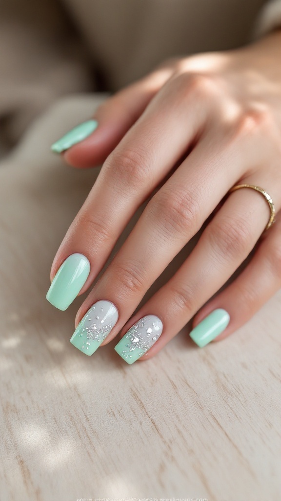 Mint green nails with chunky glitter, showcasing a stylish wedding manicure