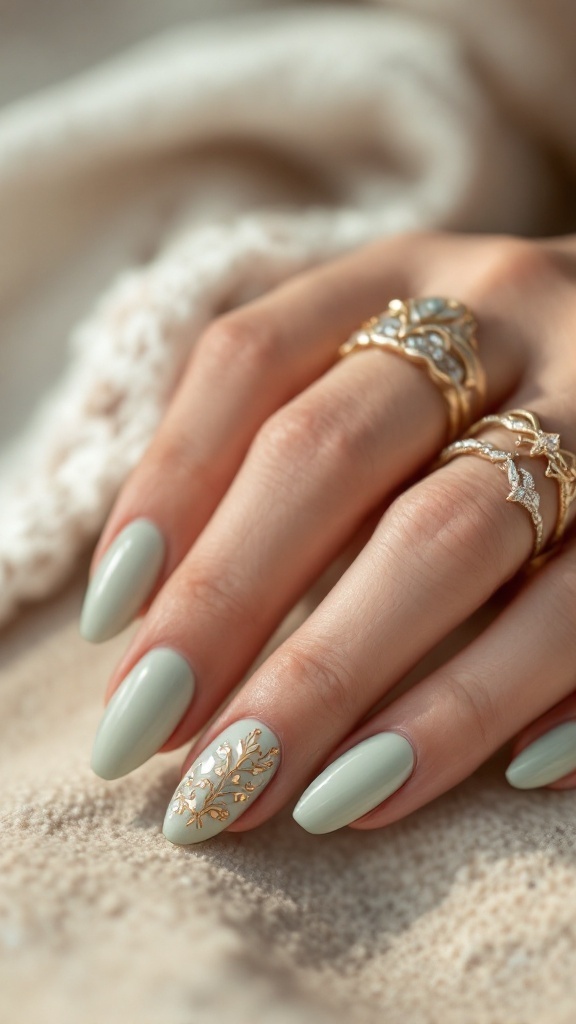 Close-up of mint green nails with gold foil accents and delicate rings