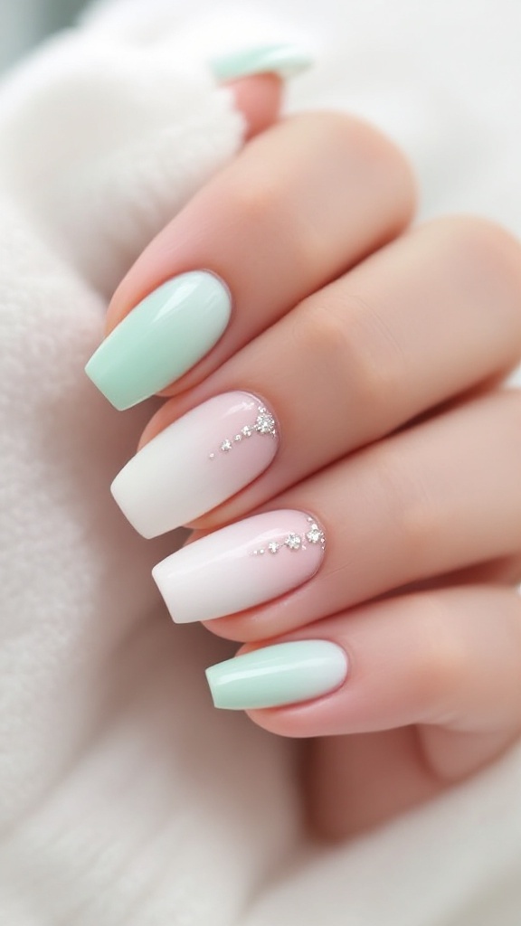 Close-up of mint green to cream ombre nails on a hand wearing a ring, resting on a cozy knit sweater.
