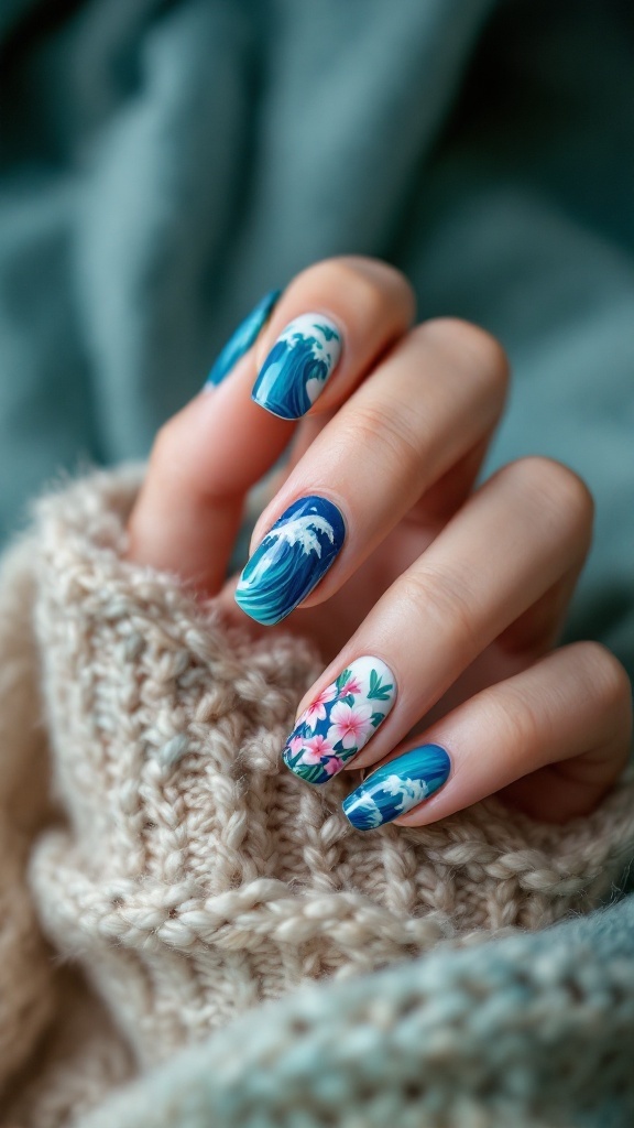 Vibrant blue nails with wave and floral designs inspired by Moana.