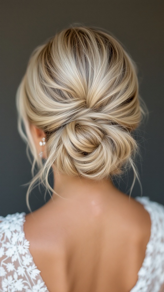 A stylish low bun hairstyle with an asymmetrical part, perfect for bridesmaids.