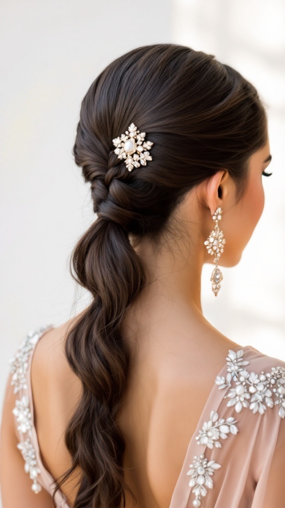 A stylish modern ponytail with a floral side accessory, worn by a bridesmaid.