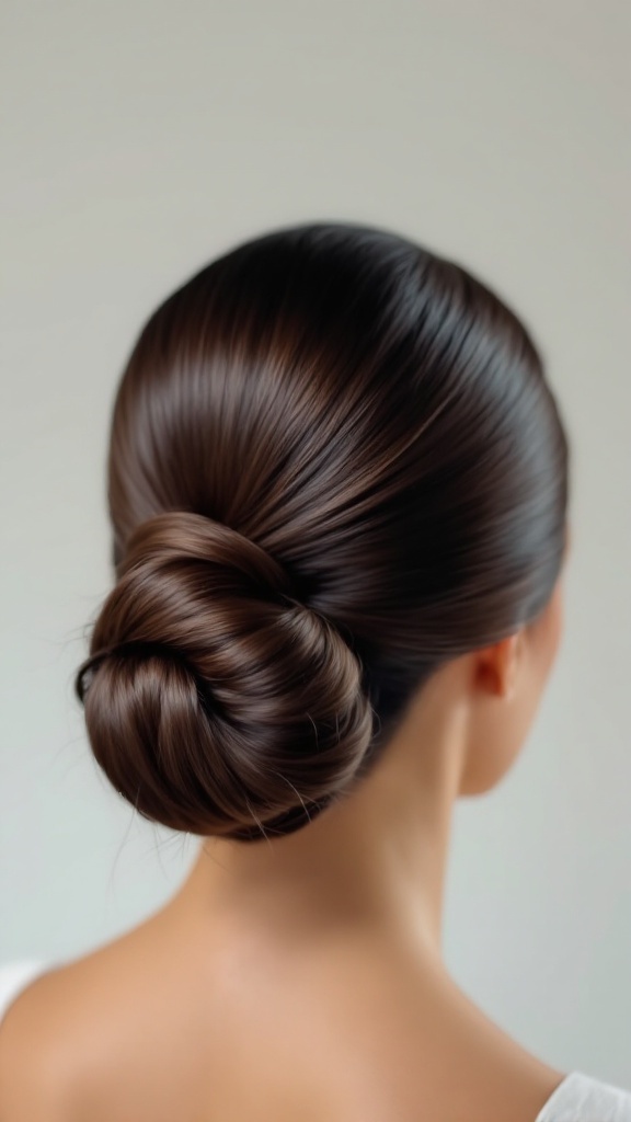 A modern sleek updo hairstyle featuring a smooth, tight bun at the nape of the neck.