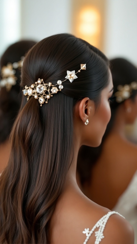 A bride's maid with straight hair adorned with geometric accessories, showcasing a polished hairstyle.
