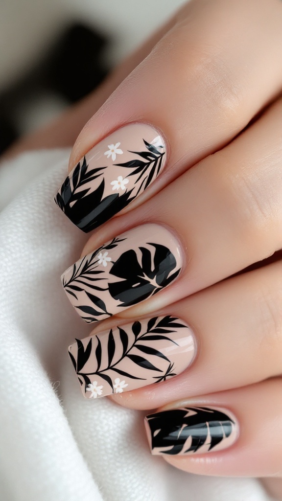 Nails featuring monochrome tropical leaf designs.