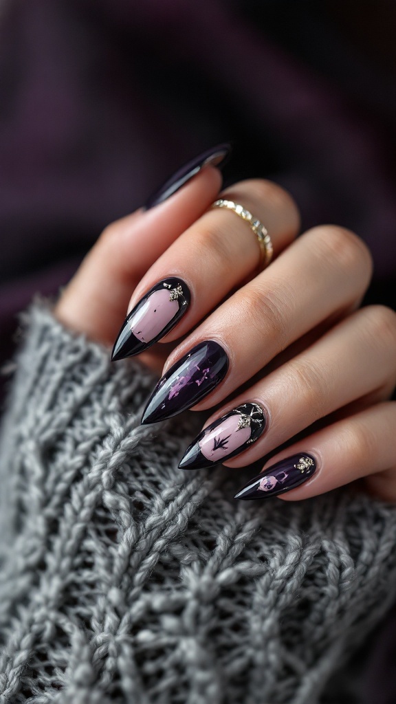 Close-up of gothic wedding nails with potion bottle designs in dark purple and black shades.