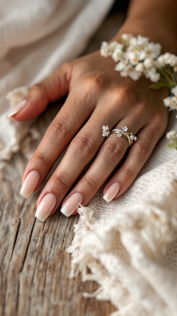 A close-up of a hand with elegant nails featuring a nude polish and French tips, adorned with floral rings, placed on a rustic wooden surface.