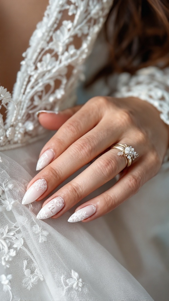 Elegant wedding nails featuring lace designs and initials