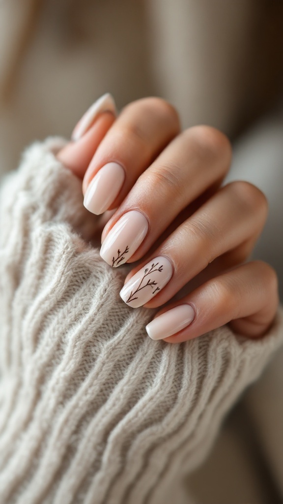 A close-up of a hand wearing neutral-toned nails with delicate floral designs, set against a cozy sweater.