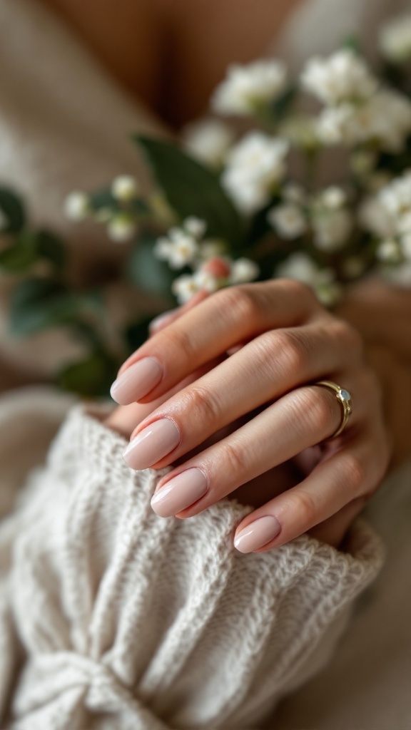 A close-up of a hand with nude nails, holding flowers, dressed in a cozy sweater.