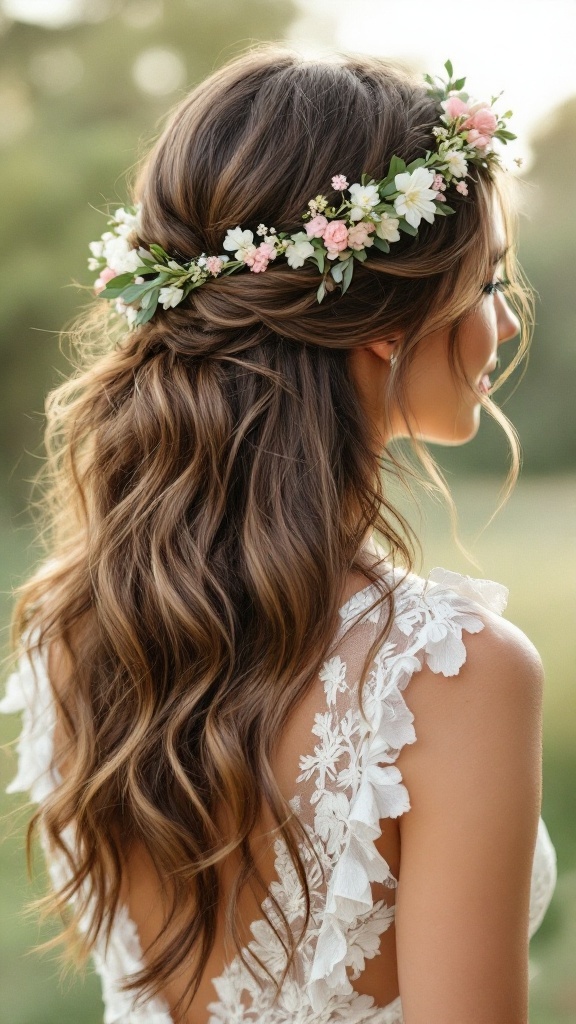 A woman with loose waves hairstyle adorned with a floral crown, wearing a lace dress.