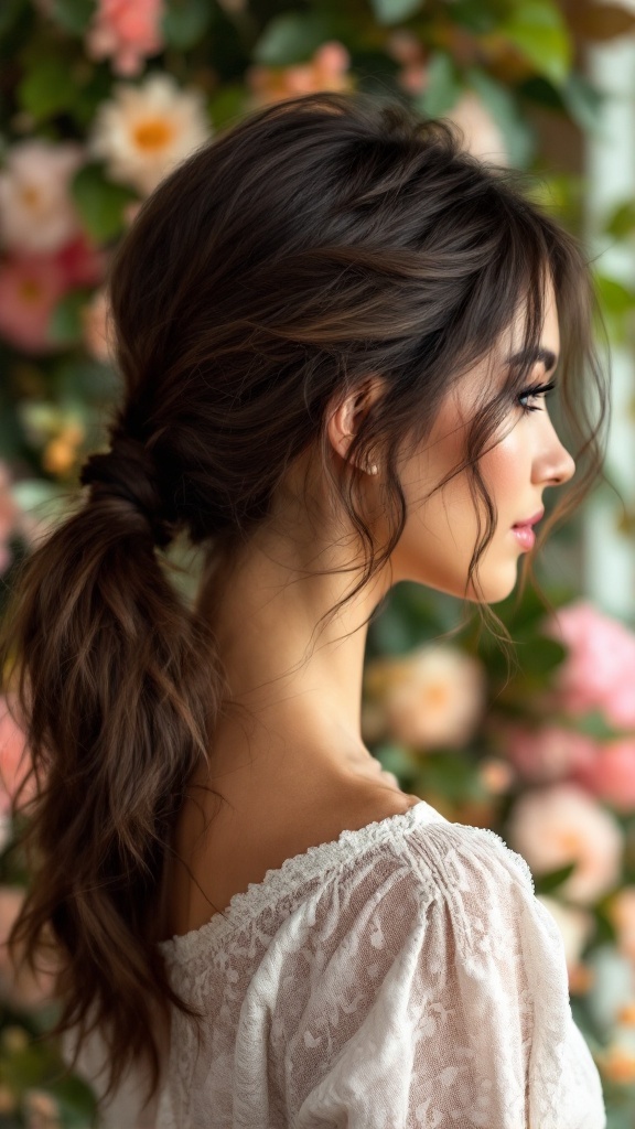 A hairstyle featuring a natural low ponytail with wispy strands, adorned with floral backdrop.
