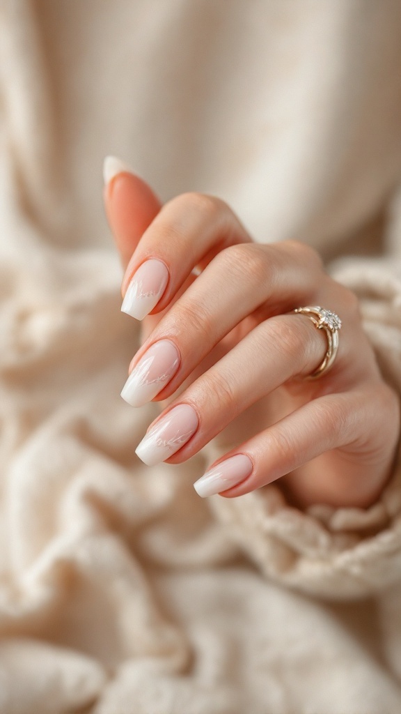 Close-up of natural nails with a clear gloss finish, featuring elegant shapes and soft nude tones, complemented by a delicate ring.