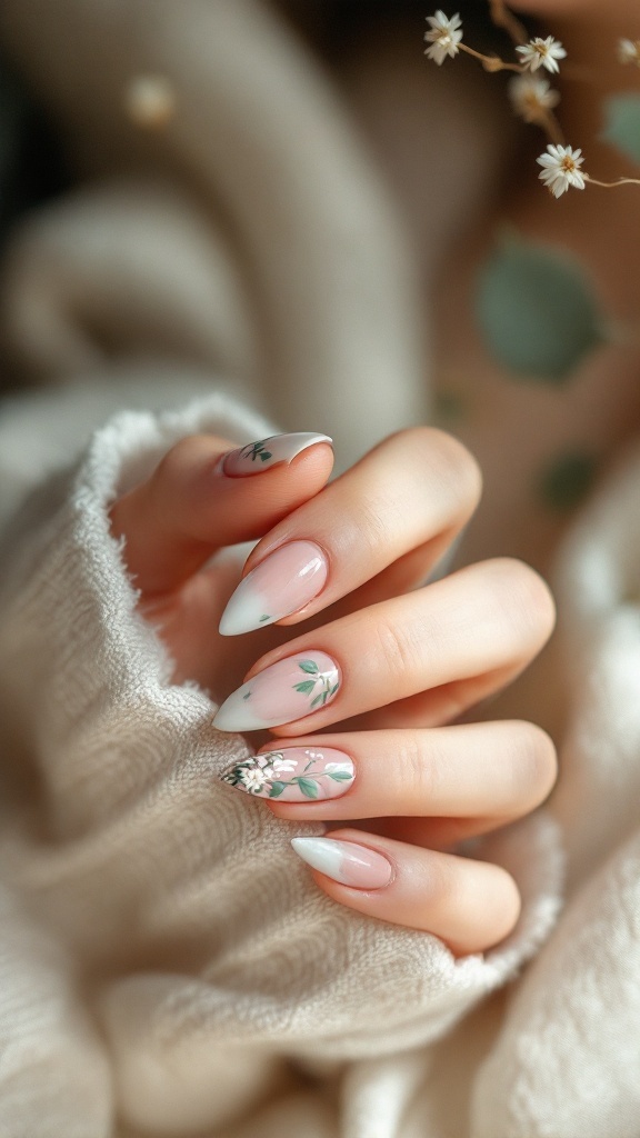 Close-up of elegantly manicured nails featuring nature-inspired designs with floral patterns on a soft beige background.