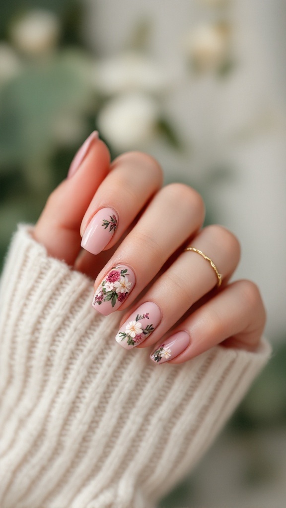 Nails featuring nature-inspired 3D floral art with a soft pink base