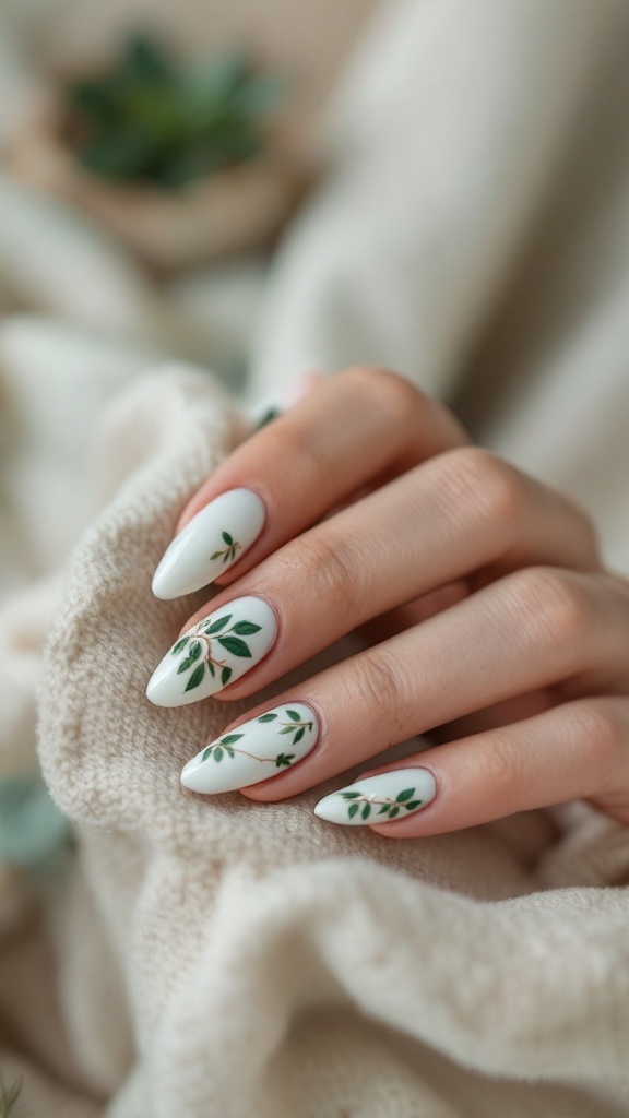 Close-up of elegantly manicured nails featuring white polish and delicate green leaf designs.