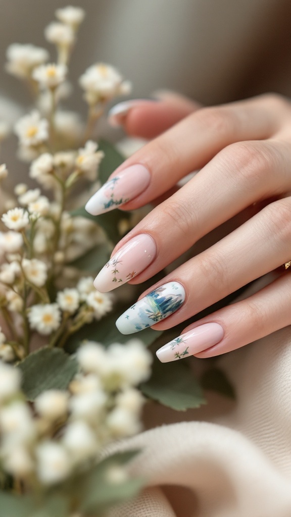 Nature-inspired watercolor nail art with floral designs on nude base, set against soft background of flowers