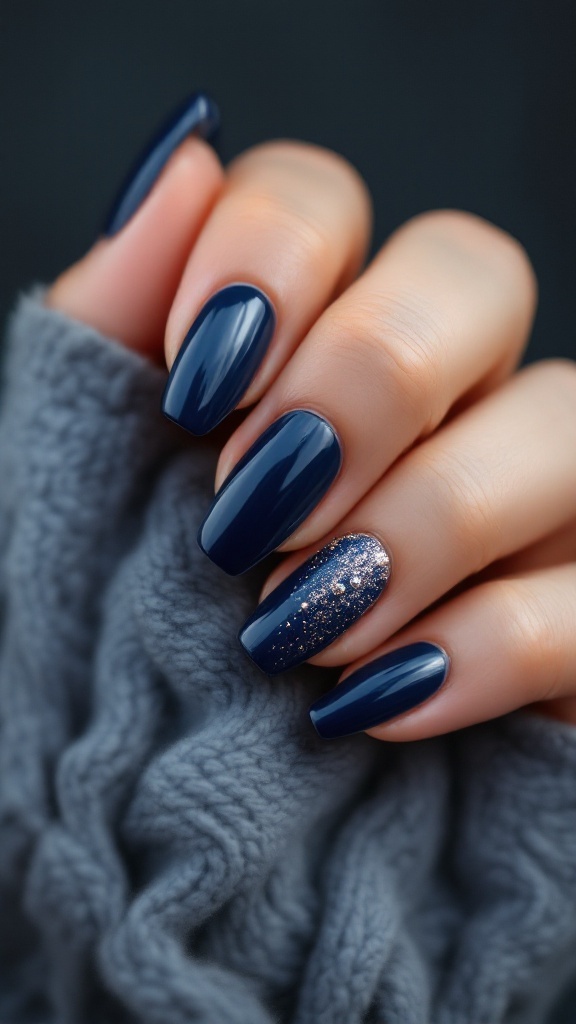 Navy blue wedding nails with metallic accents and a sparkly design.