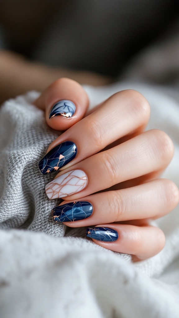 A hand with navy blue nails featuring rose gold marble designs.