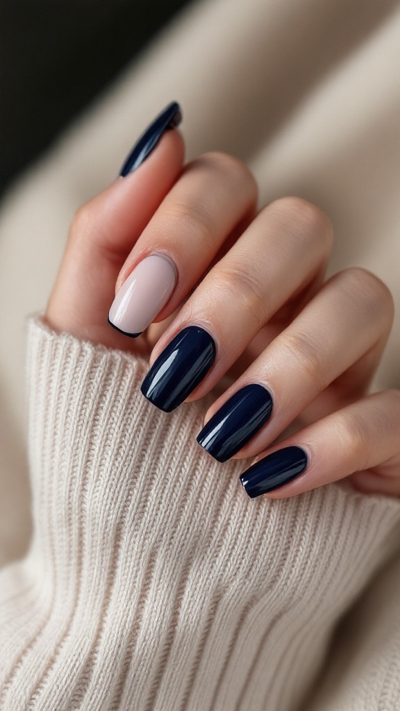 Close-up of a hand with navy blue French tip nails, showcasing a modern and elegant manicure style.