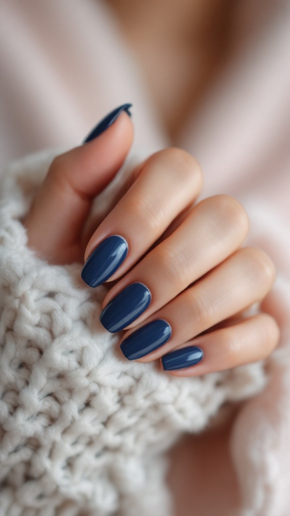 A close-up of elegantly manicured nails painted in glossy navy blue with a negative space design.