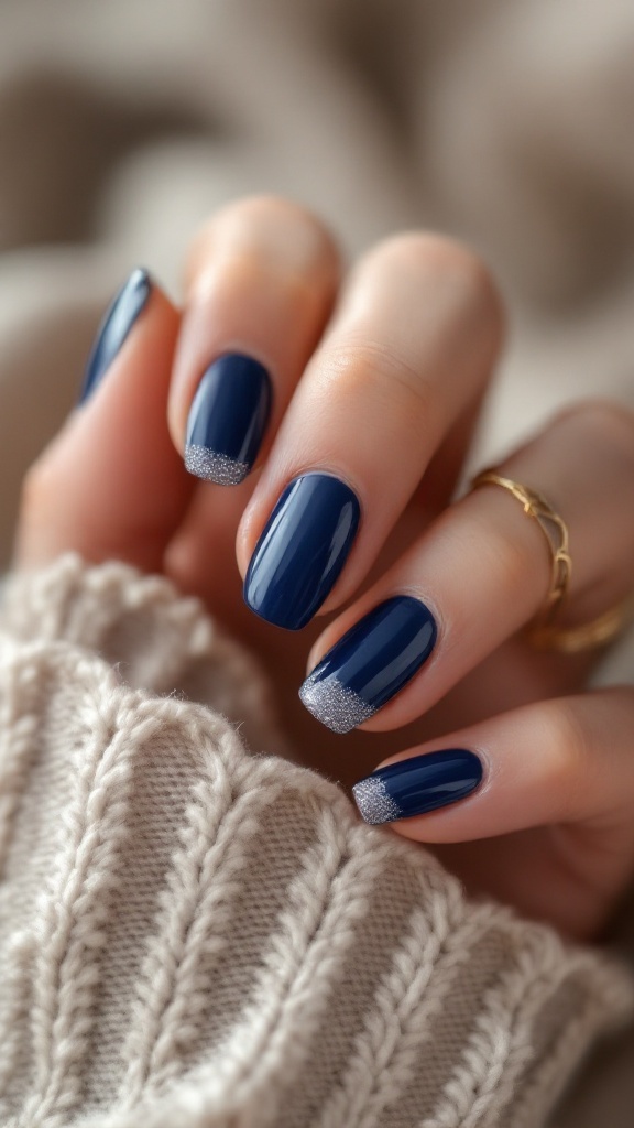 A hand with navy blue wedding nails featuring glitter tips, resting on a cozy knitted fabric.