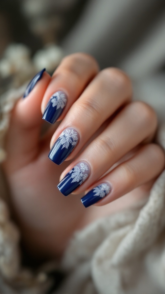 Navy blue wedding nails with elegant lace patterns