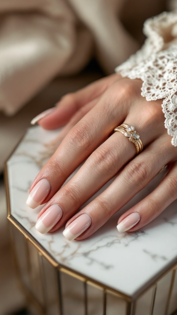 Close-up of a hand with nude color block nails featuring chrome stripes, elegantly resting on a marble-patterned surface.