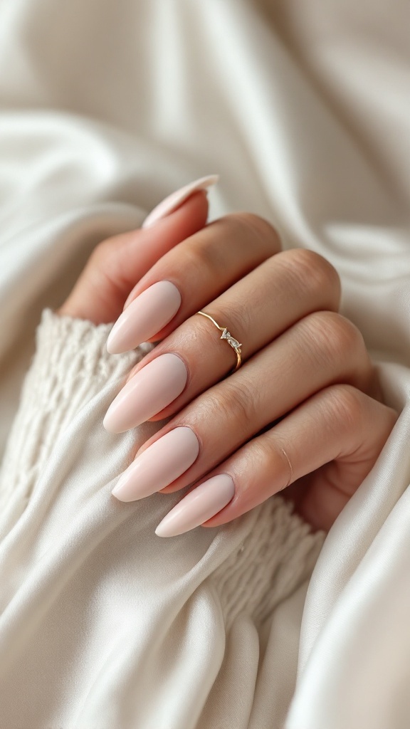Close-up of a hand with nude matte finish nails, showcasing a minimalist and elegant look.