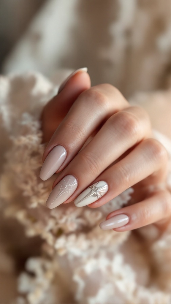 Elegant nude wedding nails with chrome geometric patterns