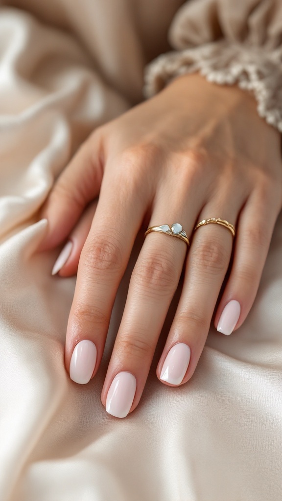 A close-up of a hand with nude nails featuring a chrome half-moon design, adorned with delicate rings.