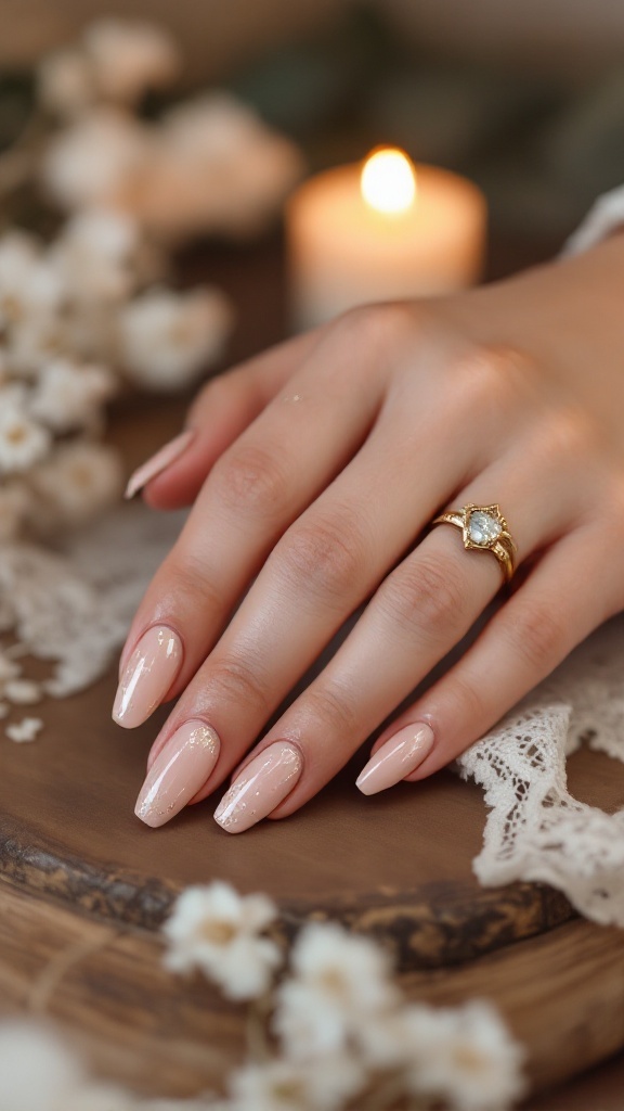 A close-up image of a hand with nude nails featuring gold chrome flakes, set against a soft, romantic background.