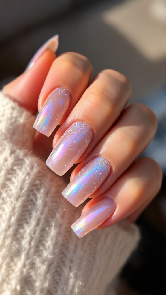 A close-up of nude square nails with iridescent glitter