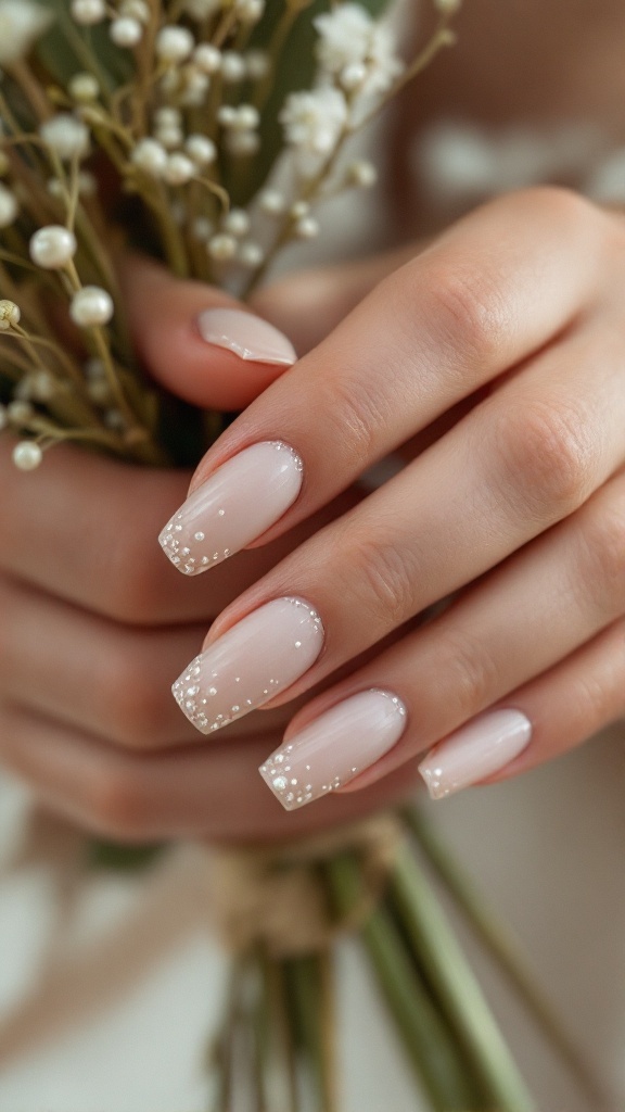 A close-up of beautifully manicured nude nails with pearl embellishments, held next to a bouquet of white flowers.