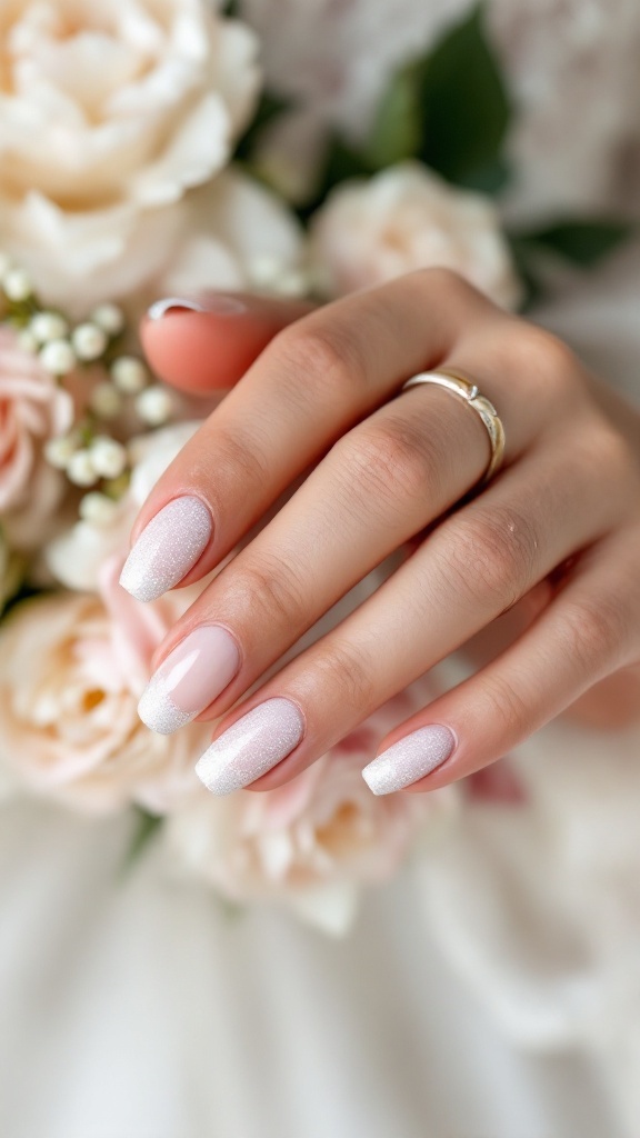 A close-up of a hand with nude nails featuring sparkling glitter tips, adorned with a wedding ring, surrounded by soft blush flowers.