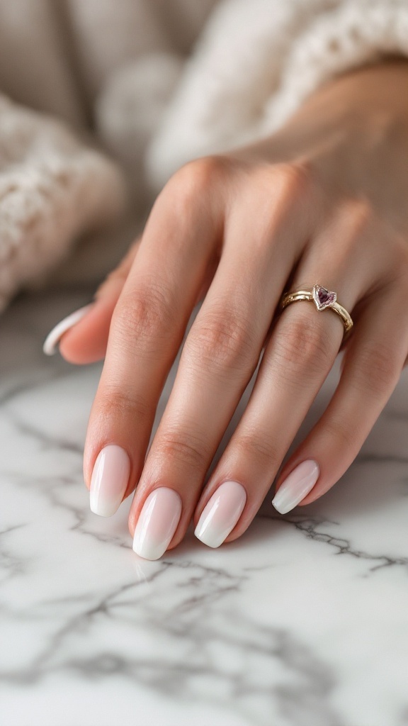 A hand with nude ombre nails featuring a subtle chrome shine, adorned with a gold ring, resting on a marble surface.